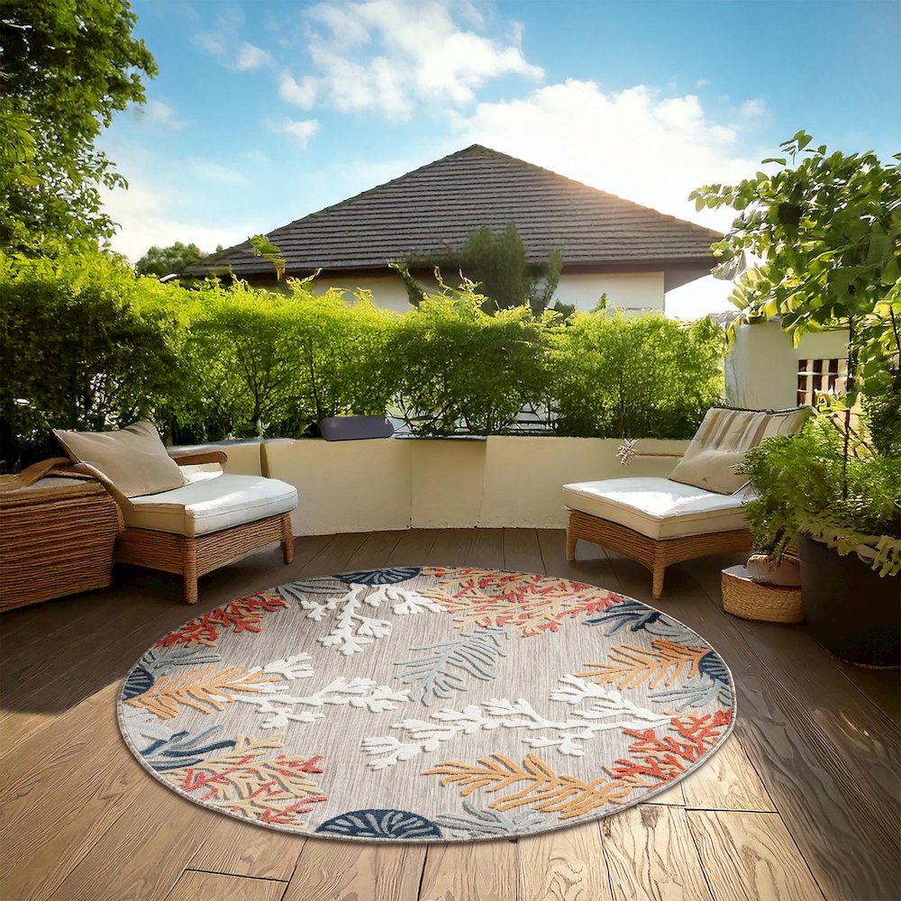 Coral Reef Hi-Low Coastal Gray Taupe Indoor Outdoor Area Rug. Picture 7
