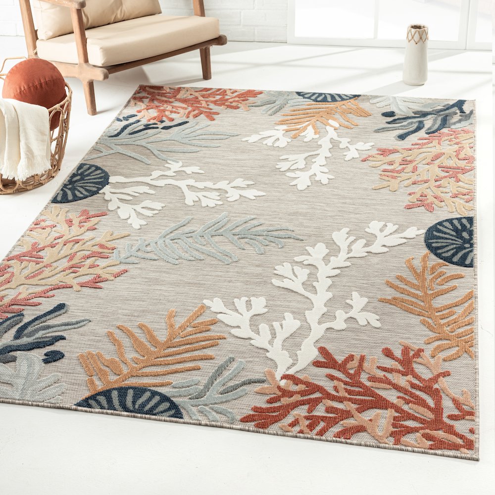Coral Reef Hi-Low Coastal Gray Taupe Indoor Outdoor Area Rug. Picture 6