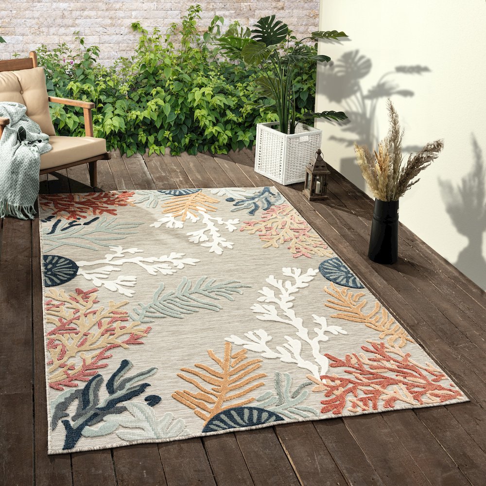 Coral Reef Hi-Low Coastal Gray Taupe Indoor Outdoor Area Rug. Picture 7