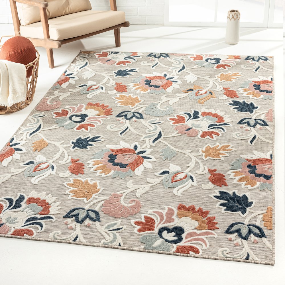 Floral Filigree Hi-Low Multicolored Indoor Outdoor Rug. Picture 6