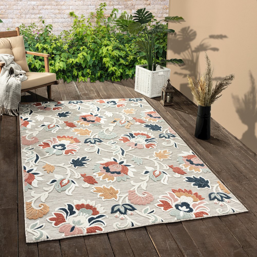 Floral Filigree Hi-Low Multicolored Indoor Outdoor Rug. Picture 7