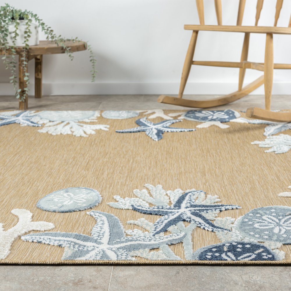 Natural/Blue Coastal Floral/Botanical Performance Outdoor Area Rugs, 5' x 7'. Picture 3