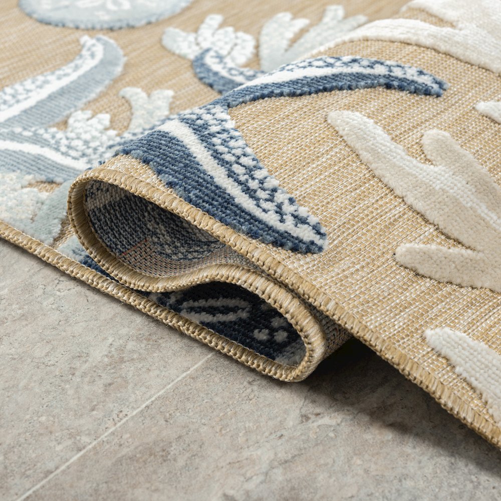 Natural/Blue Coastal Floral/Botanical Performance Outdoor Area Rugs, 5' x 7'. Picture 4