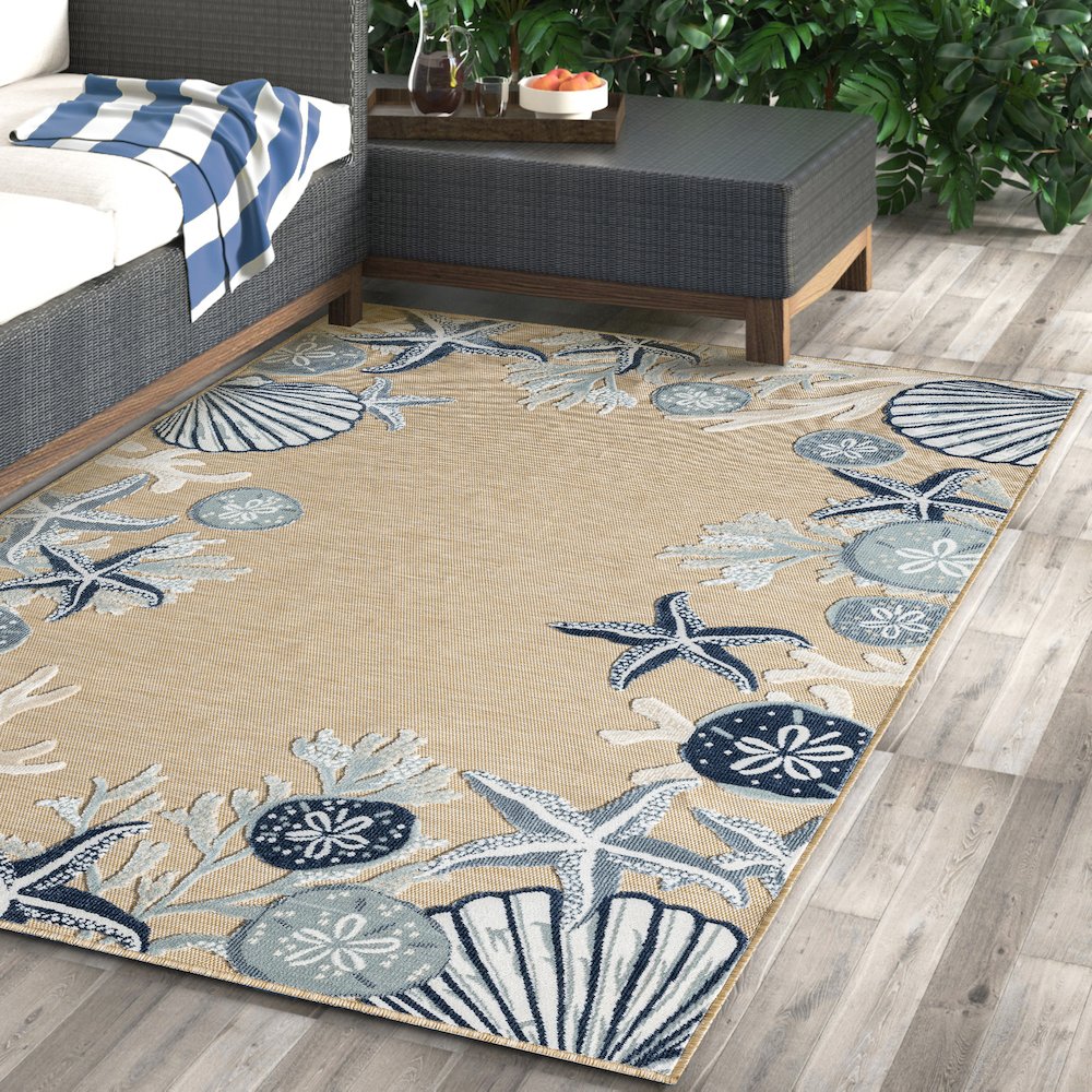 Natural/Blue Coastal Floral/Botanical Performance Outdoor Area Rugs, 5' x 7'. Picture 7