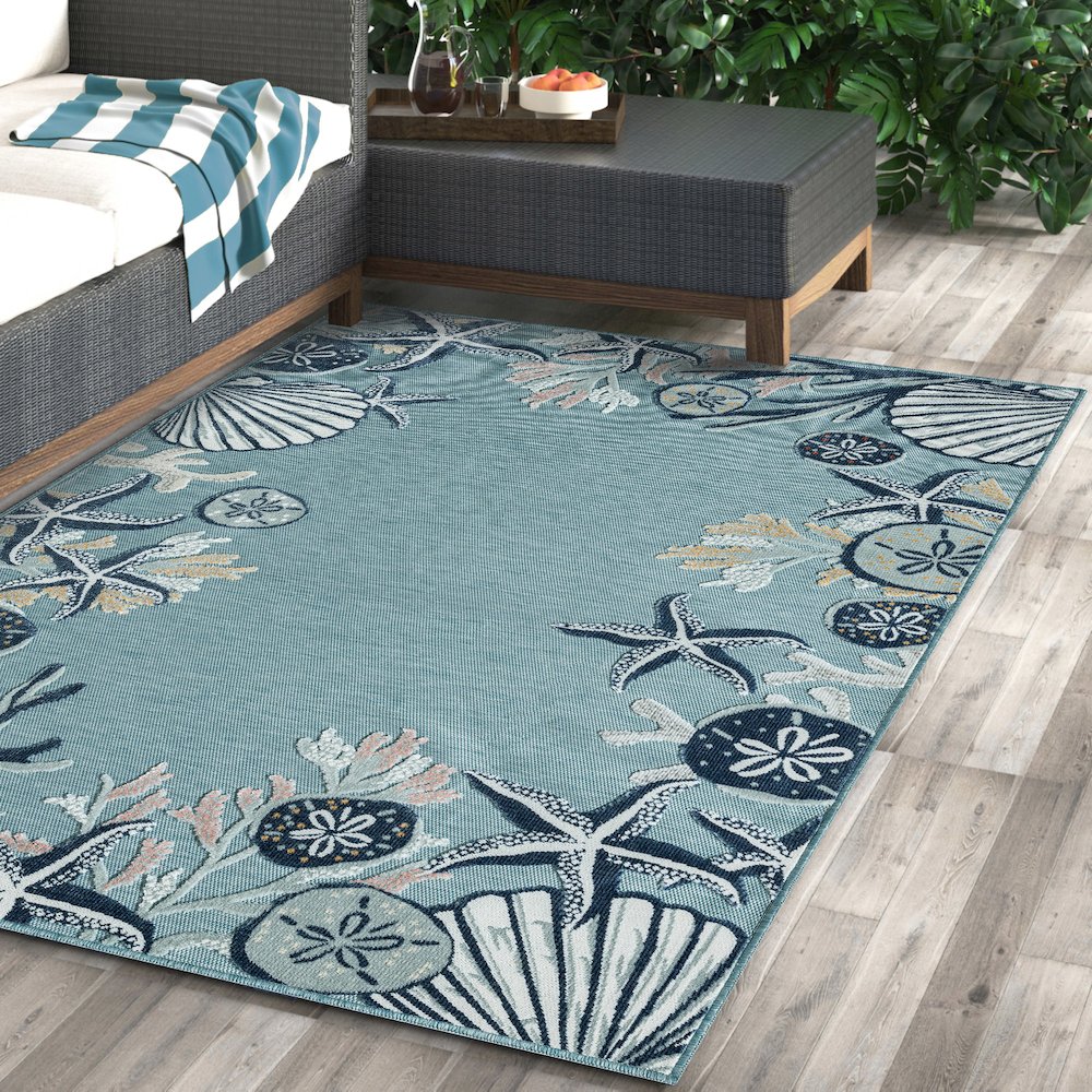Aqua/Blue Coastal Floral/Botanical Performance Indoor/Outdoor Area Rugs, 5' x 7'. Picture 2