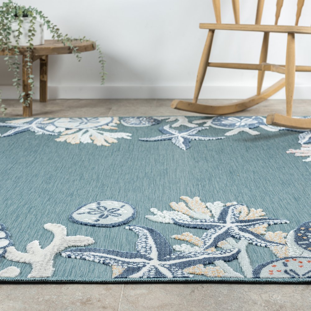 Aqua/Blue Coastal Floral/Botanical Performance Indoor/Outdoor Area Rugs, 5' x 7'. Picture 3