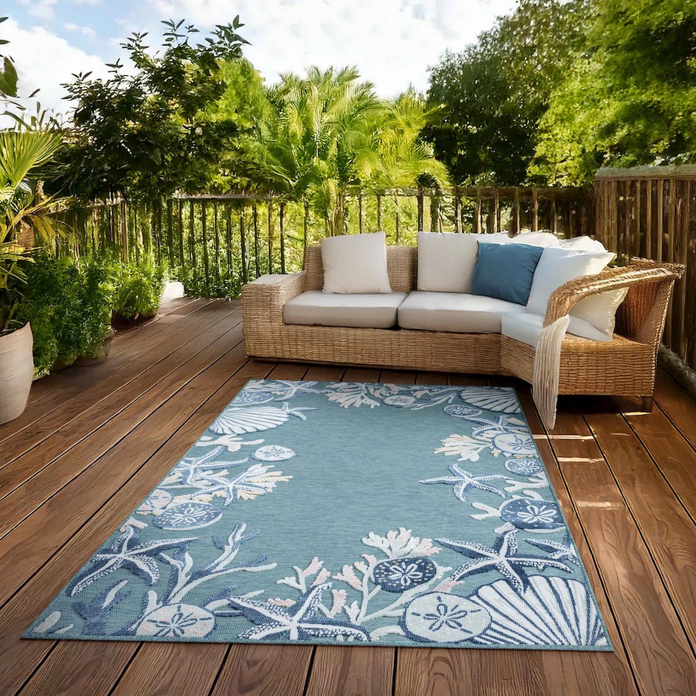 Aqua/Blue Coastal Floral/Botanical Performance Indoor/Outdoor Area Rugs, 5' x 7'. Picture 7