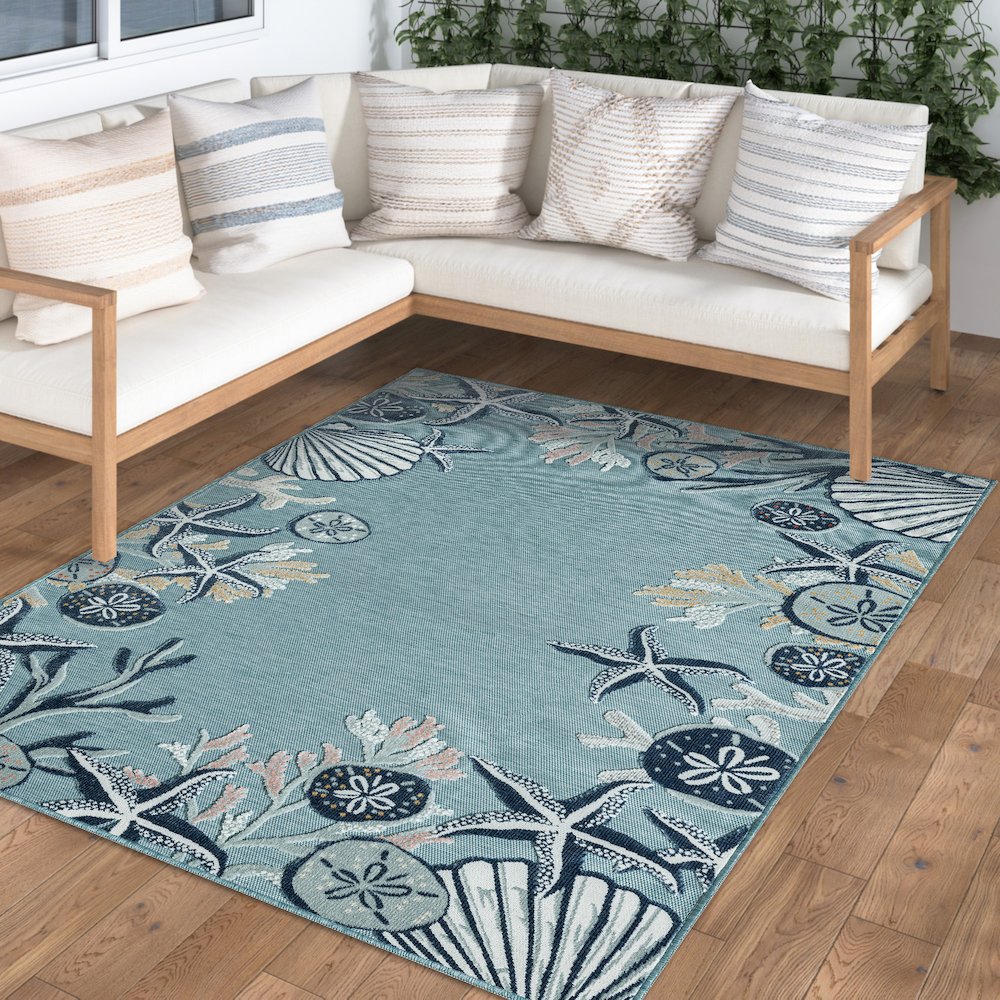 Aqua/Blue Coastal Floral/Botanical Performance Indoor/Outdoor Area Rugs, 5' x 7'. Picture 8