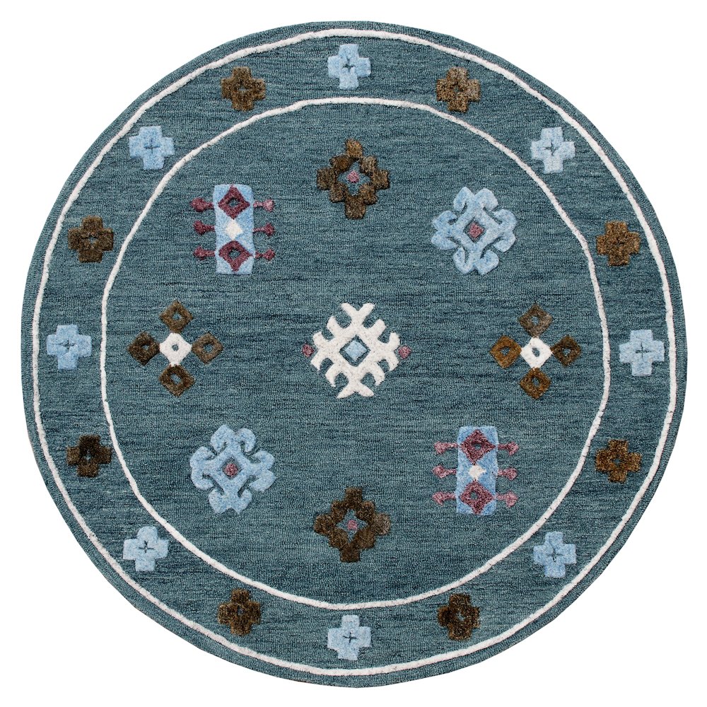 Hand Tufted Blue Bordered Geometric Round Rug. Picture 1