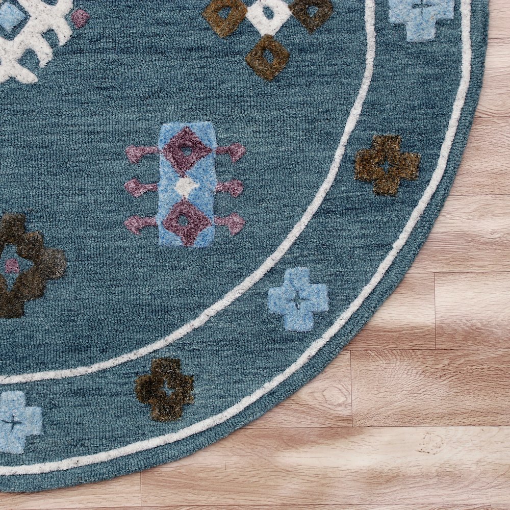 Hand Tufted Blue Bordered Geometric Round Rug. Picture 5
