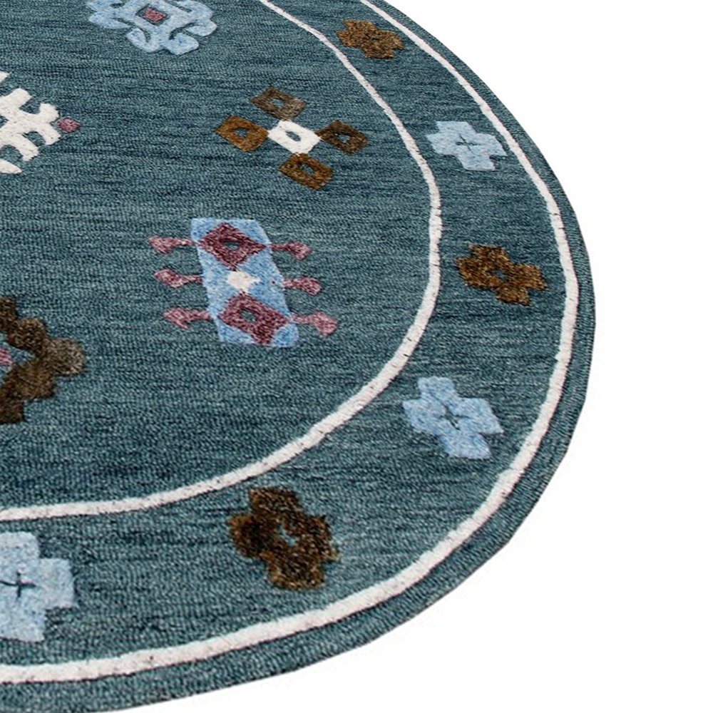 Hand Tufted Blue Bordered Geometric Round Rug. Picture 3
