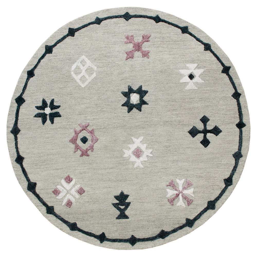 Hand Tufted Gray Geometric Bordered Round Rug. Picture 1