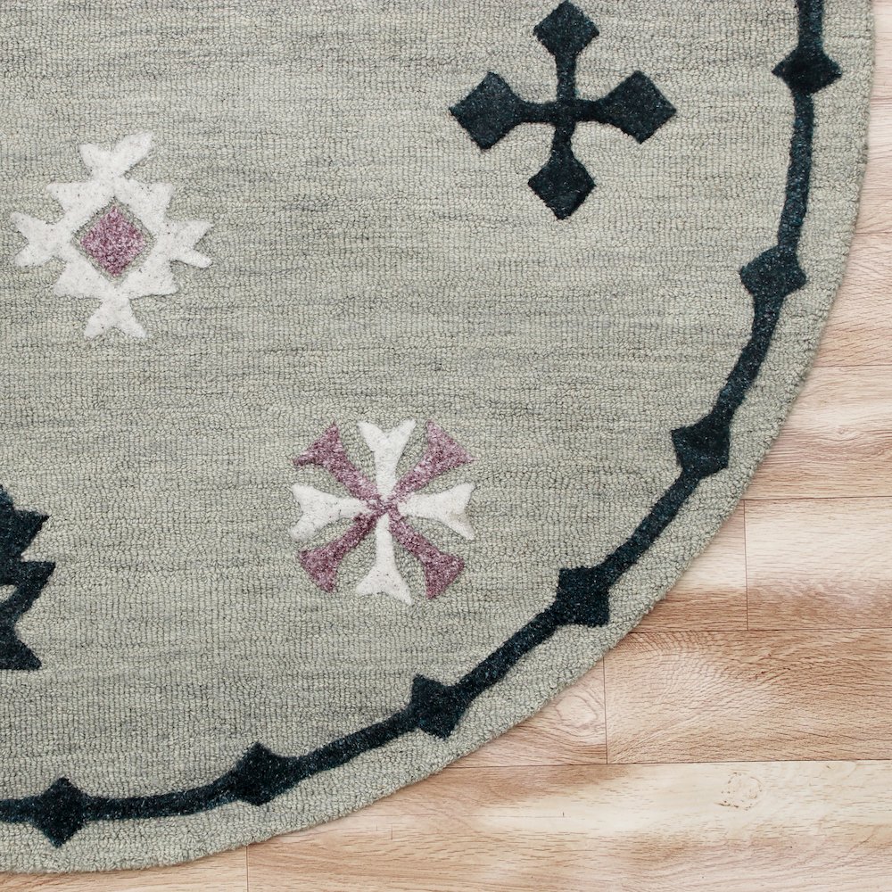 Hand Tufted Gray Geometric Bordered Round Rug. Picture 5