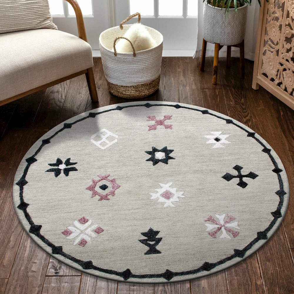 Hand Tufted Gray Geometric Bordered Round Rug. Picture 2