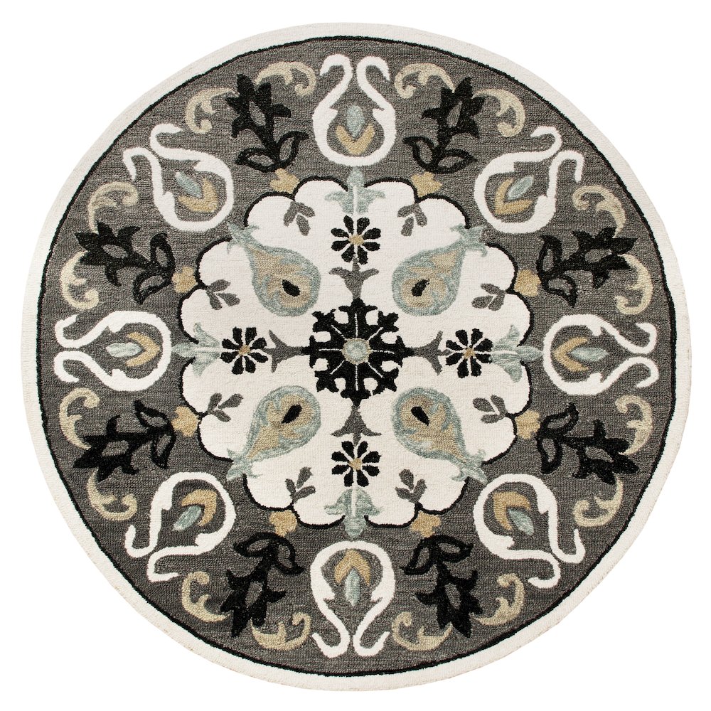 Ornate Gray and White Medallion Round Rug. Picture 1