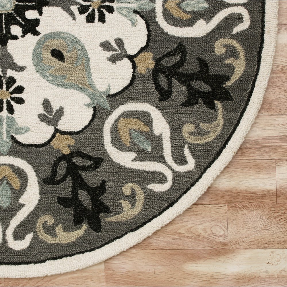 Ornate Gray and White Medallion Round Rug. Picture 5