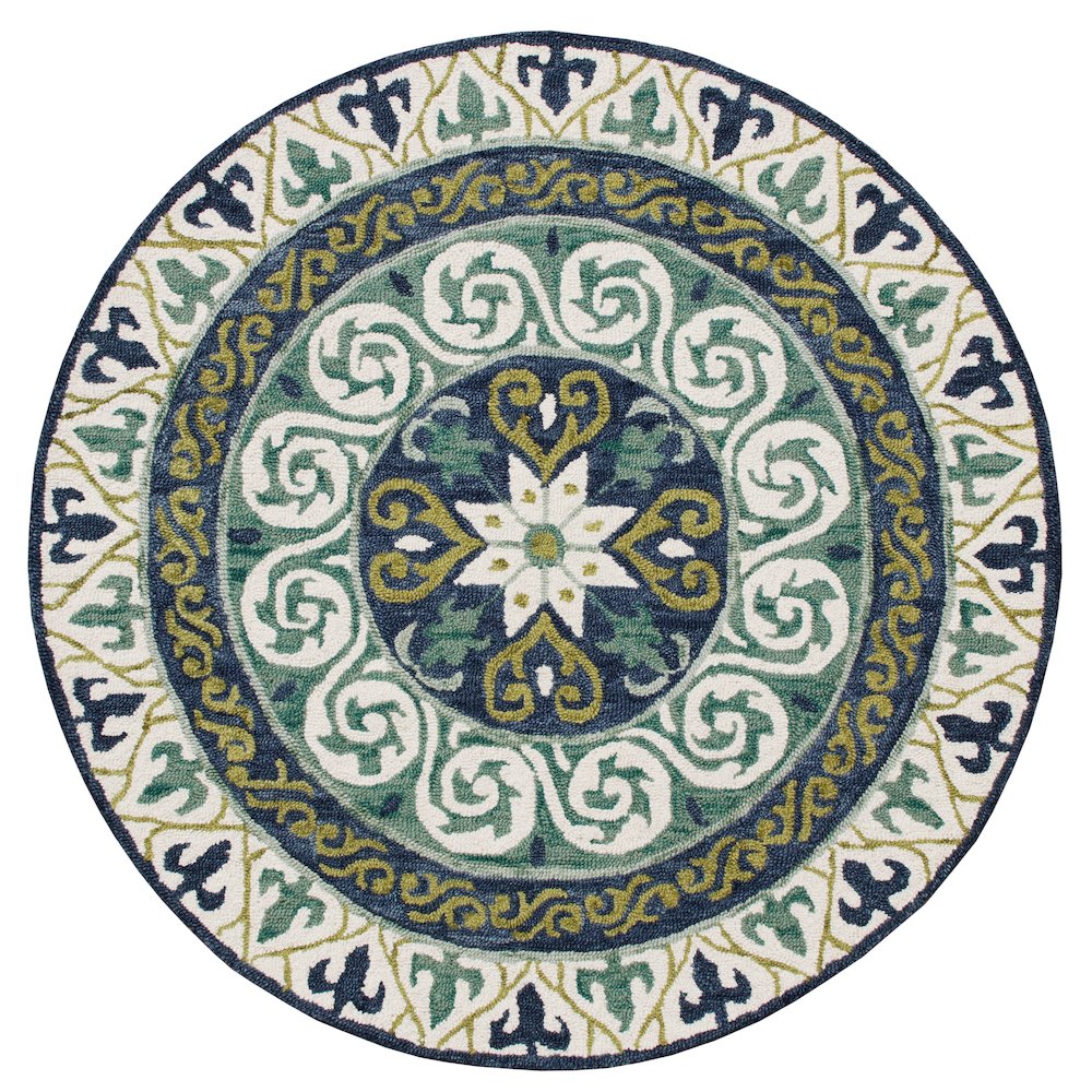 Blue and Green Geometric Medallion Round Rug. Picture 1