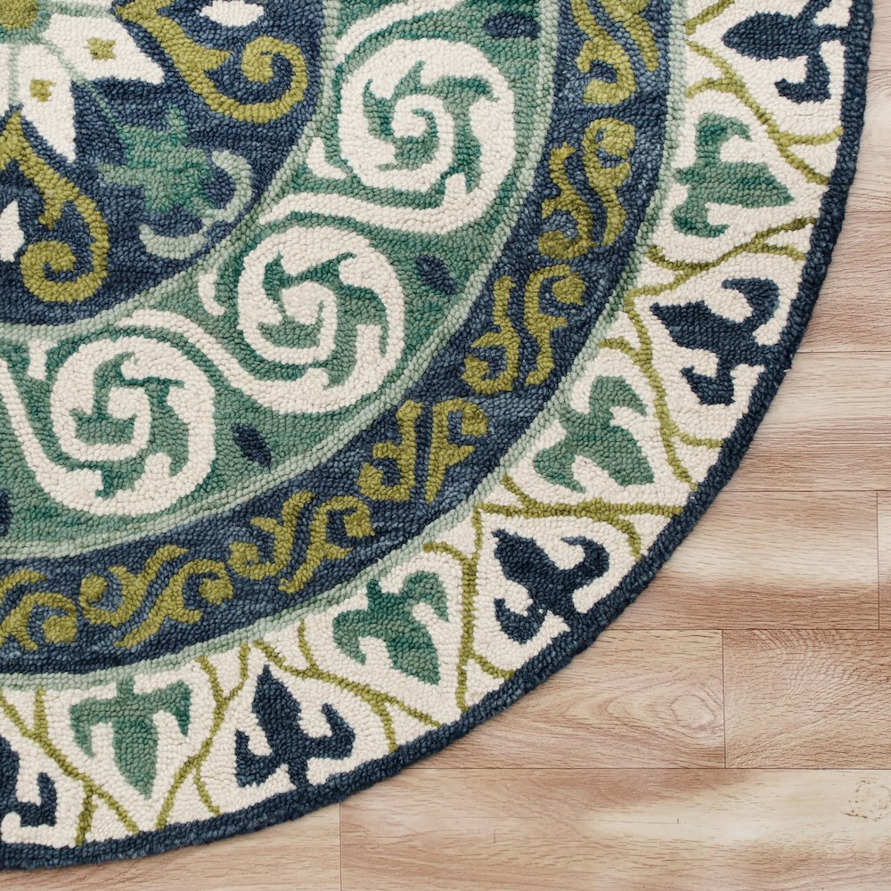 Blue and Green Geometric Medallion Round Rug. Picture 5