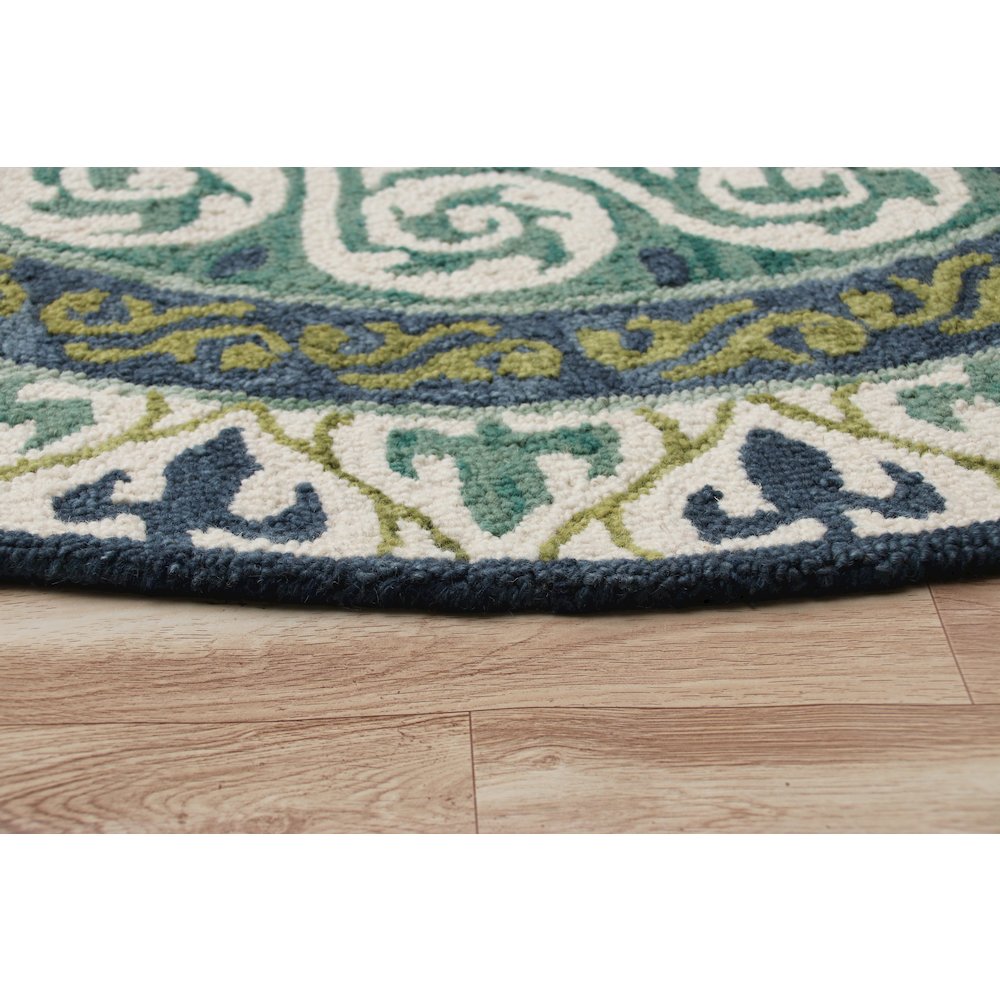 Blue and Green Geometric Medallion Round Rug. Picture 3