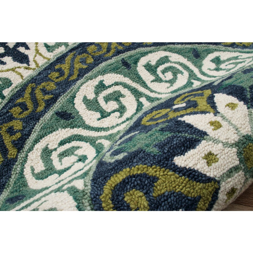 Blue and Green Geometric Medallion Round Rug. Picture 4
