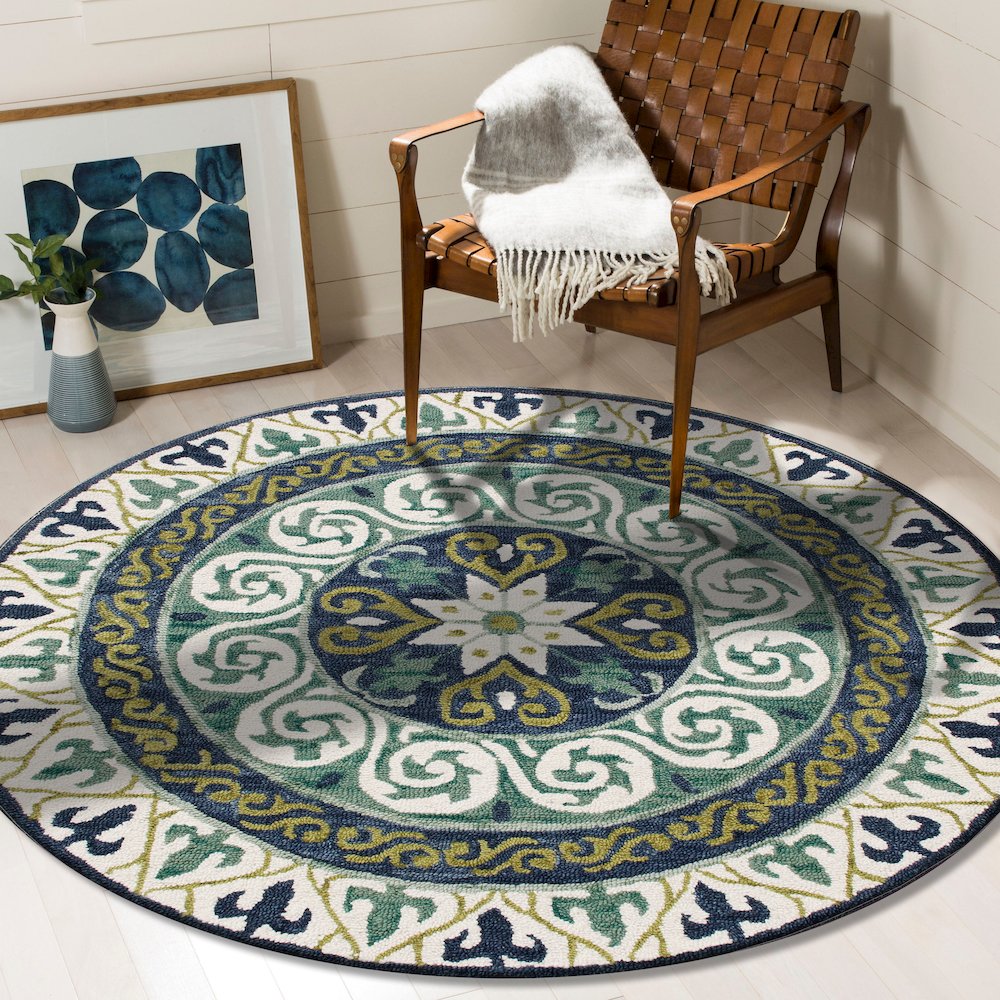 Blue and Green Geometric Medallion Round Rug. Picture 2