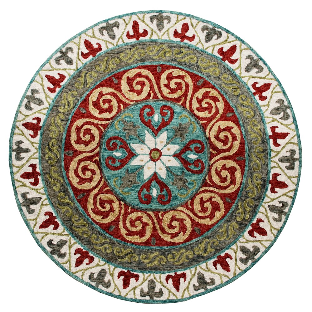 Southwestern Stunner Ivory and Red Round Rug. Picture 1