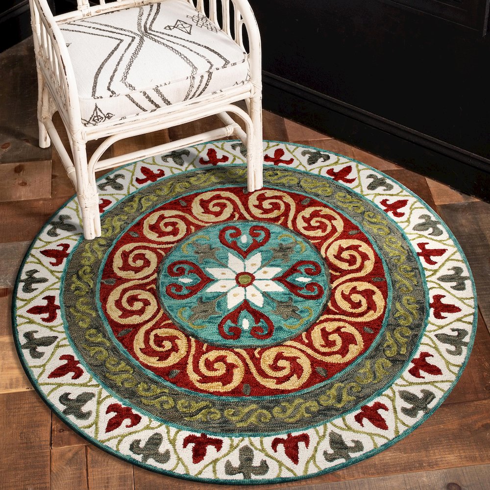 Southwestern Stunner Ivory and Red Round Rug. Picture 2