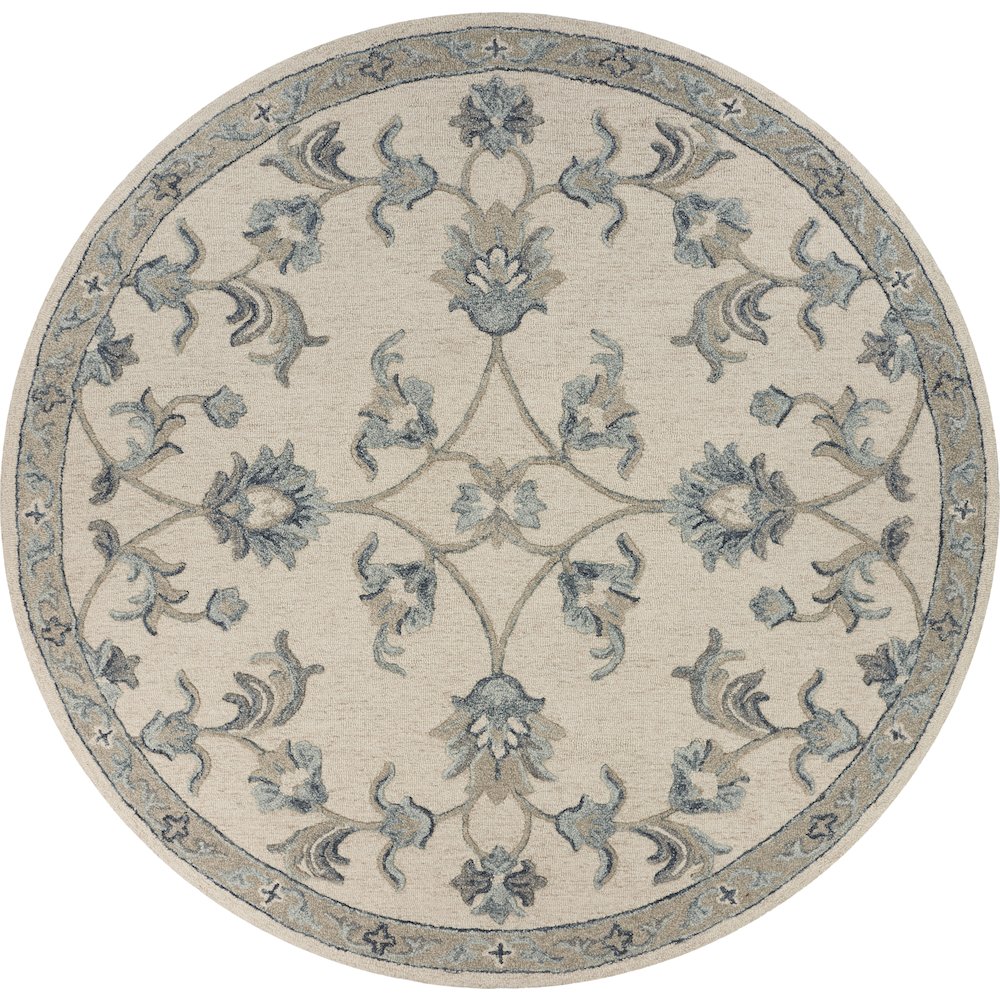 Mirroring Ivory and Blue Floral Bloom Area Rug 4'10" Round. Picture 1