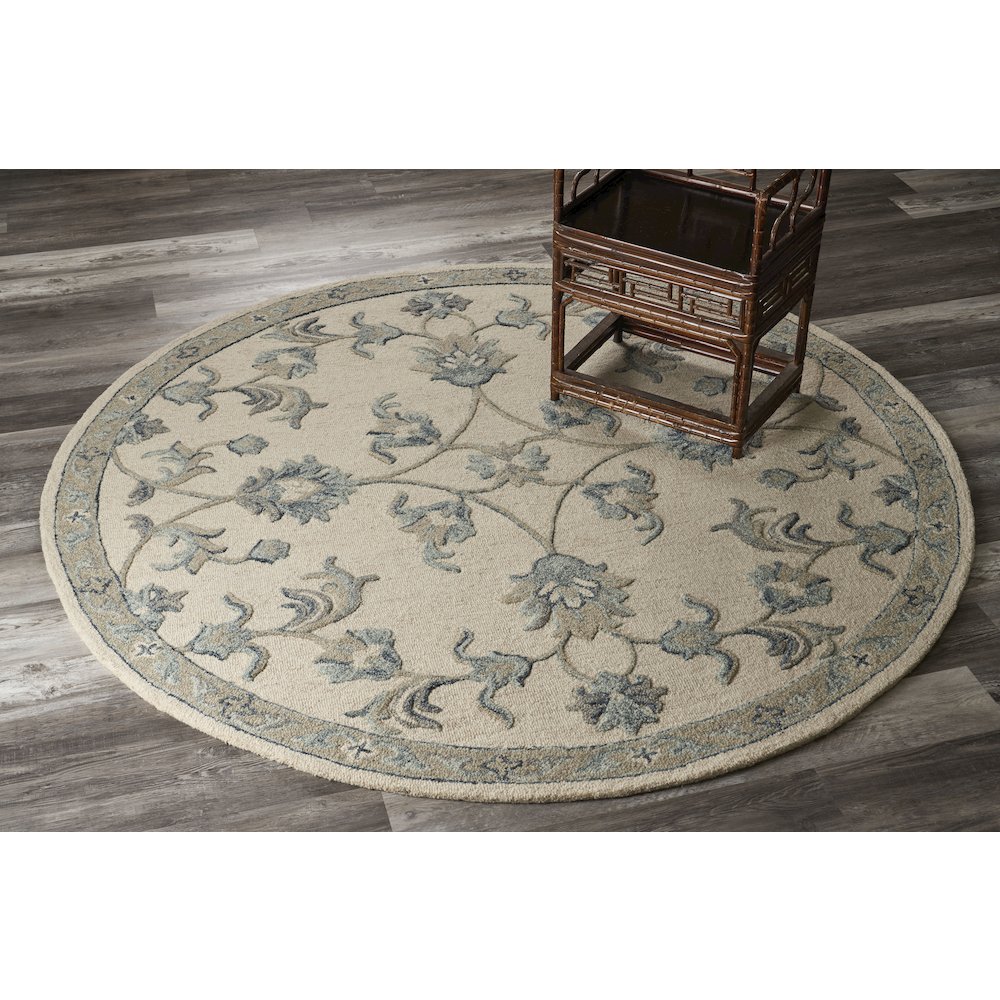 Mirroring Ivory and Blue Floral Bloom Area Rug 4'10" Round. Picture 2