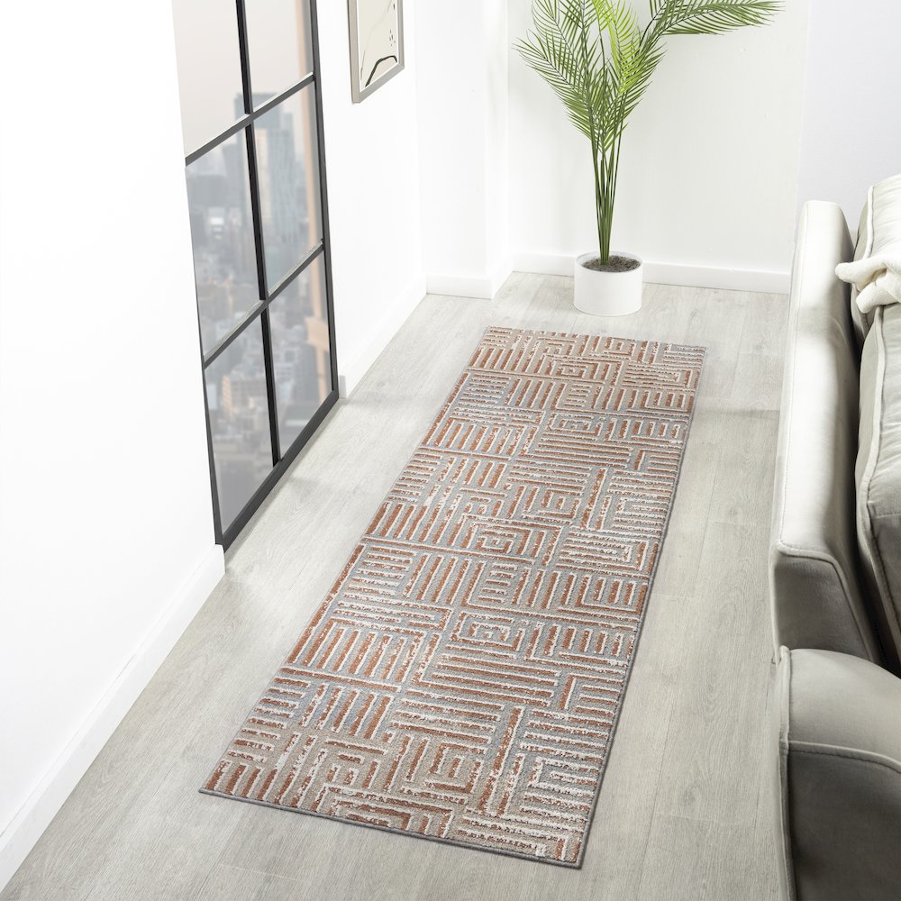 Beige/Rust Modern Geometric Performance Washable Indoor Area Rug. Picture 2