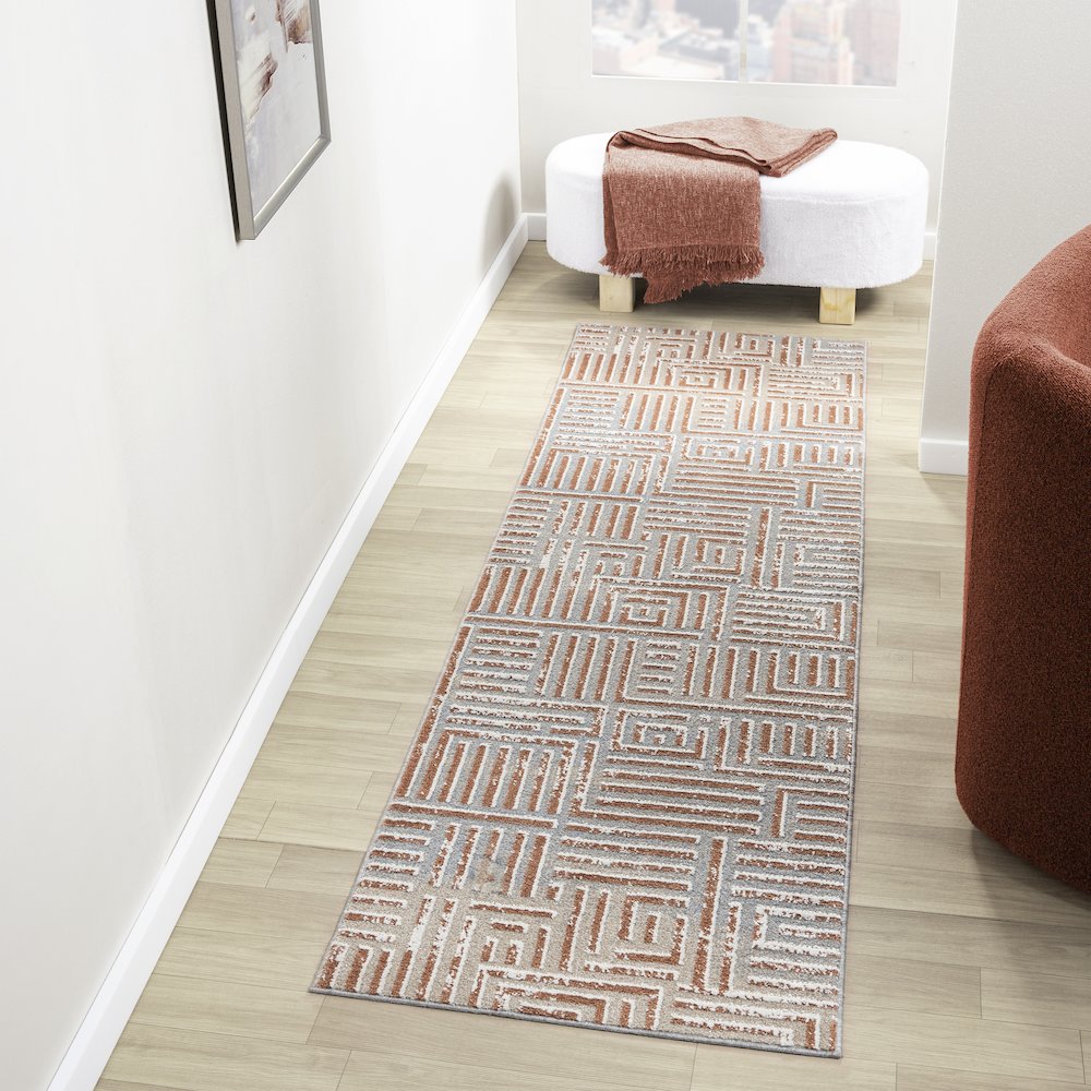 Beige/Rust Modern Geometric Performance Washable Indoor Area Rug. Picture 7