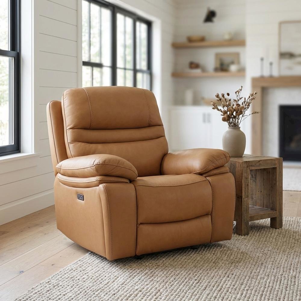 Leather Power Recliner Chair, Top Grain Upholstery, USB & USB-C, 360 lb Support. Picture 4