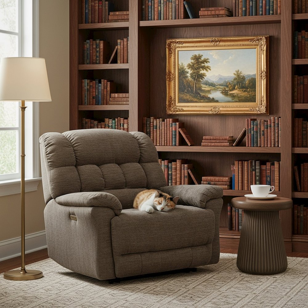 Brown Oversized Power Recliner Chair with Electric Recline, Wide Fabric Seat, USB Charging Port, Heavy-Duty Large Recliner. Picture 3