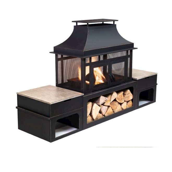 80" Metal Wood Burner Fireplace with Side Storage Tables. Picture 1
