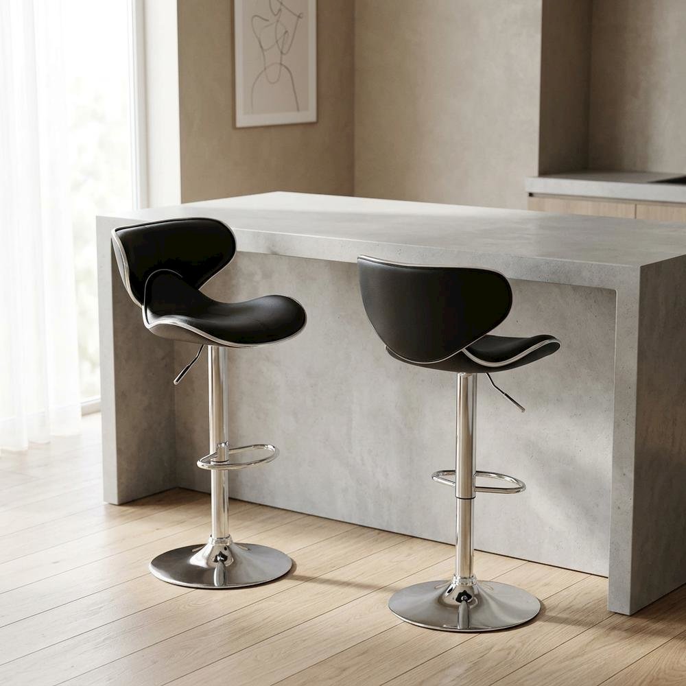 Black Leatherette Adjustable Swivel Barstool with Chrome Base, Set of 2. Picture 2