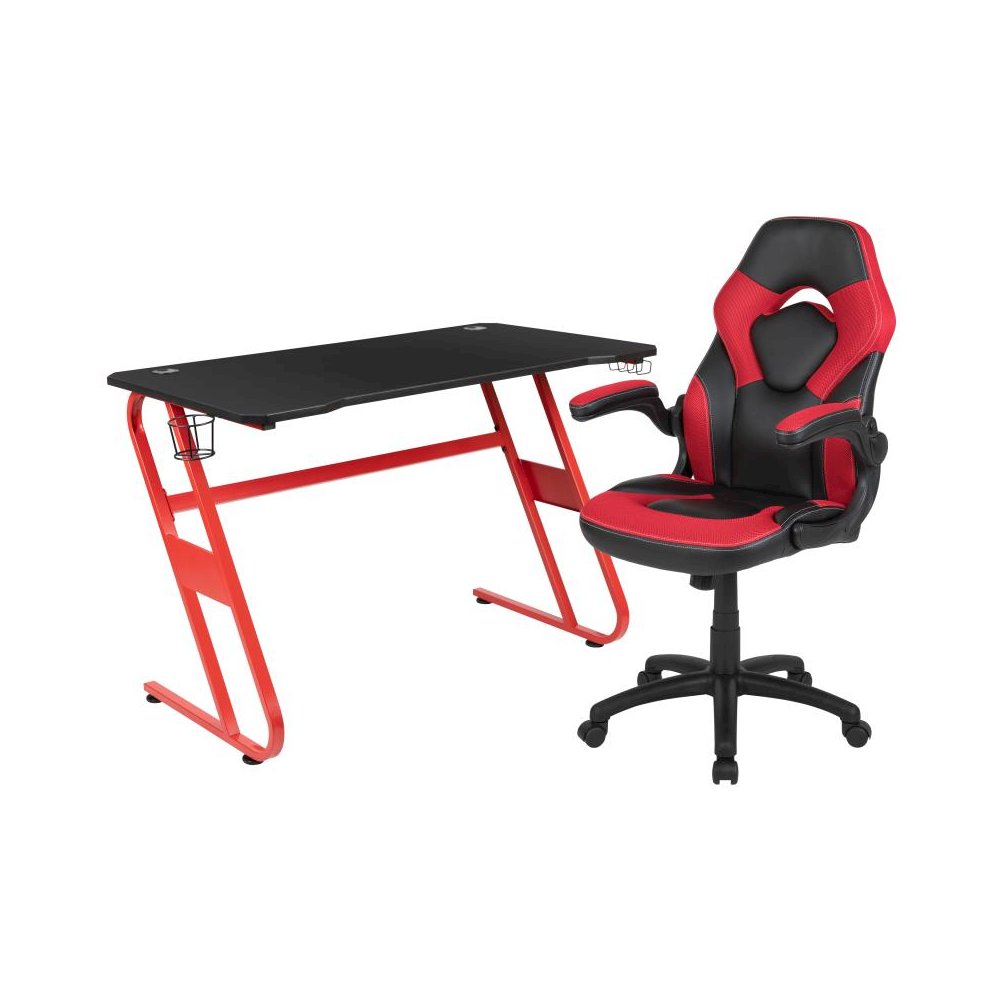 Red Gaming Desk and Red/Black Racing Chair Set with Cup Holder and Headphone Hook. Picture 1