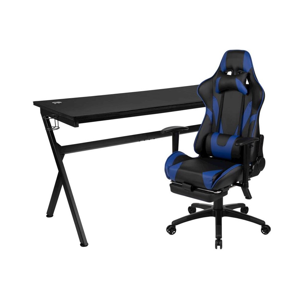 Gaming Desk and Blue Footrest Reclining Gaming Chair Set - Cup Holder/Headphone Hook/Removable Mouse Pad Top/Wire Management. Picture 1