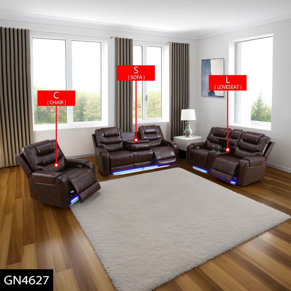 Max Power Recliner Living Room Set with LED Brown. Picture 1