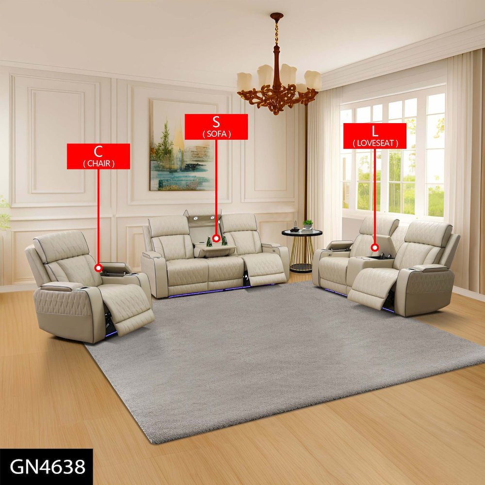 Max Power Recliner Living Room Set with LED Beige. Picture 1