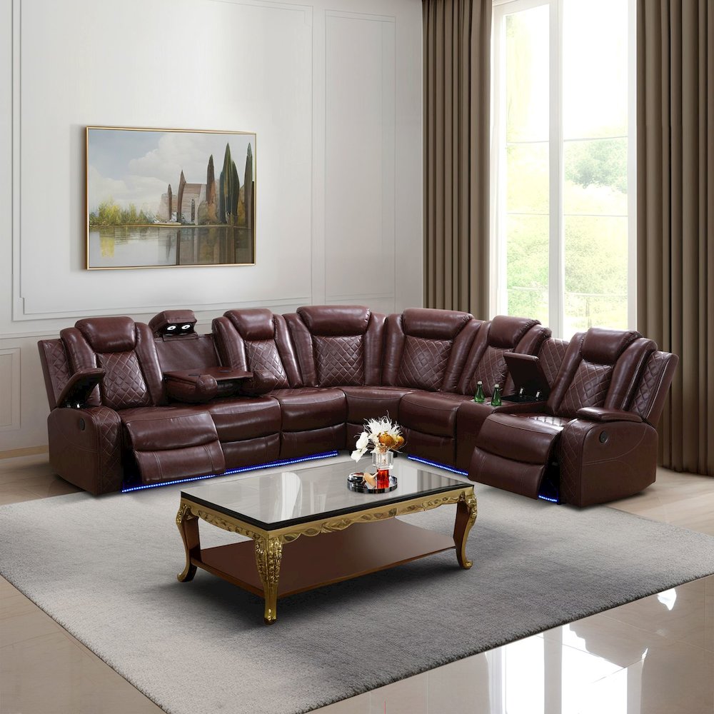 Power Recliner Faux Leather Sectional Sofa With Led, Cup Holder And Storage. Picture 1