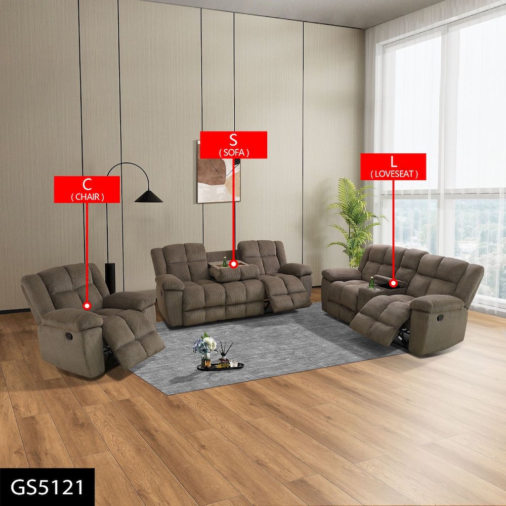 Brown Stripe Fabric Living Room Recliner Intelligent 3-Piece Sofa Set. Picture 1