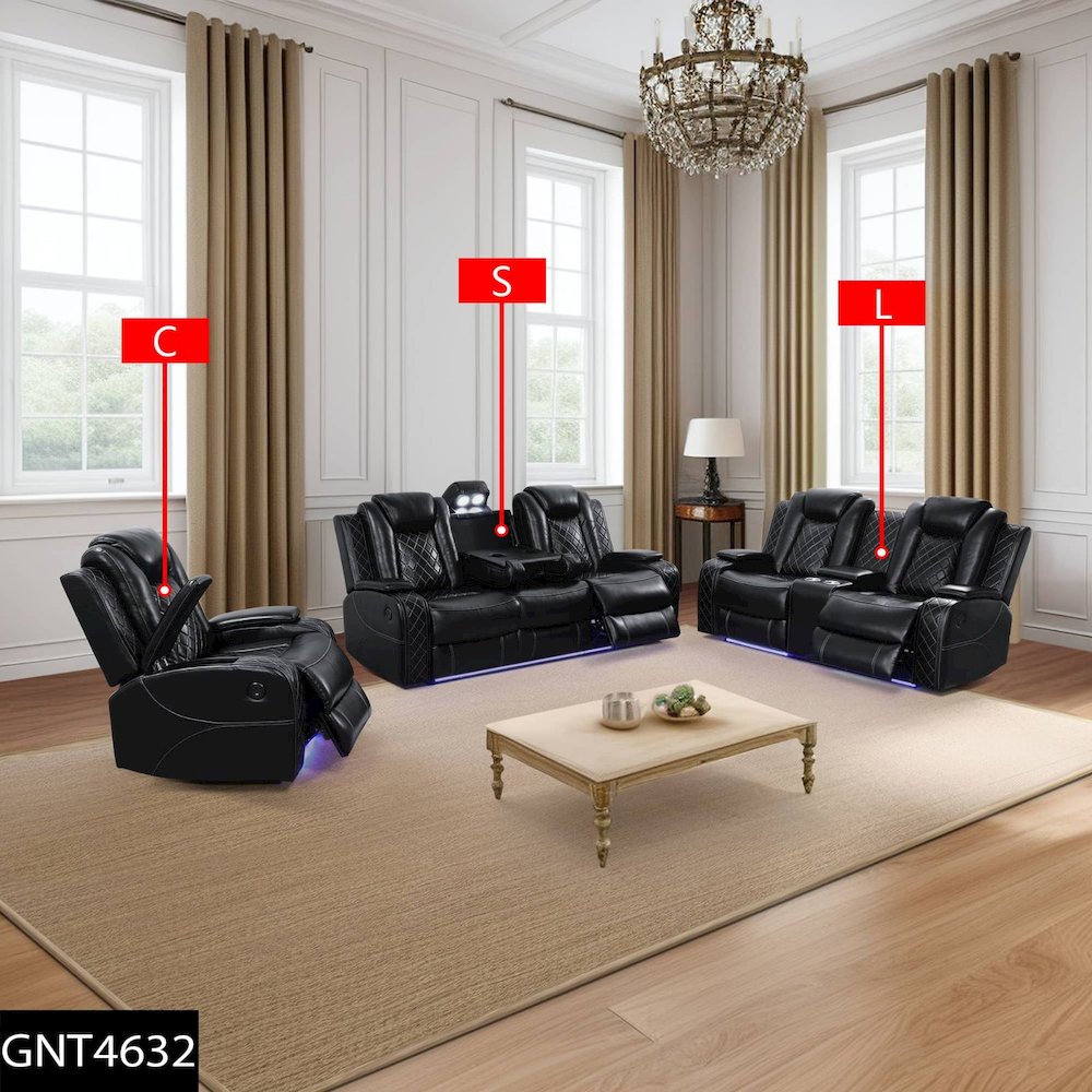 Max Power Recliner Living Room Set with LED Black. Picture 1
