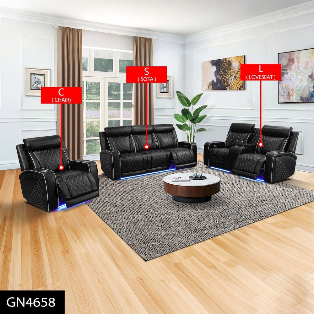 Max Power Recliner Living Room Set with LED Black. Picture 1