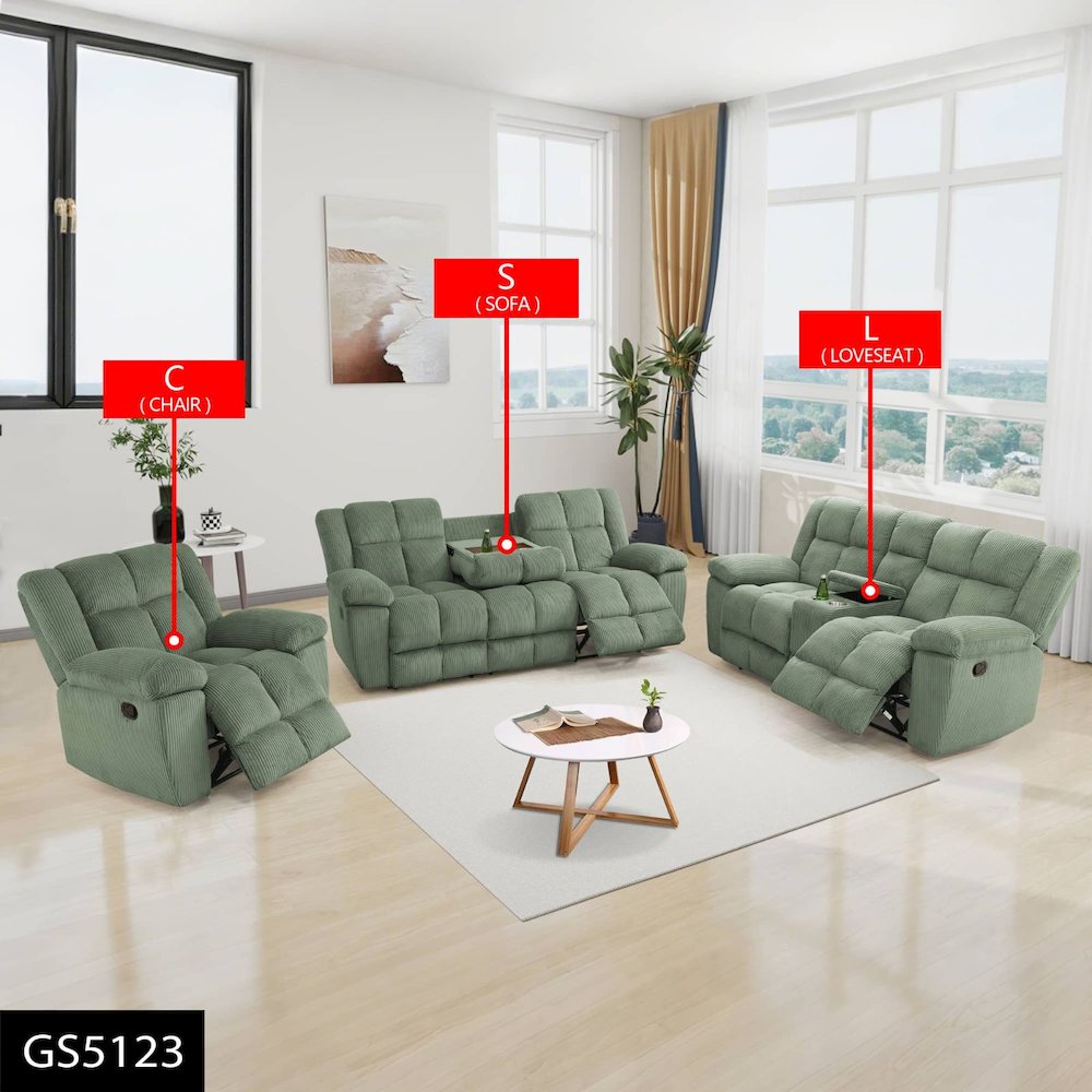 Green Stripe Fabric Living Room Recliner Intelligent 3-Piece Sofa Set. Picture 1