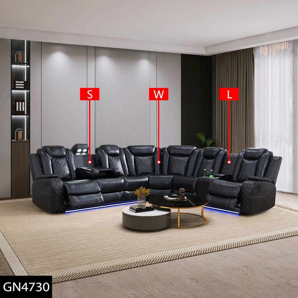 Power Recliner Faux Leather Sectional Sofa With Led, Cup Holder And Storage. Picture 1