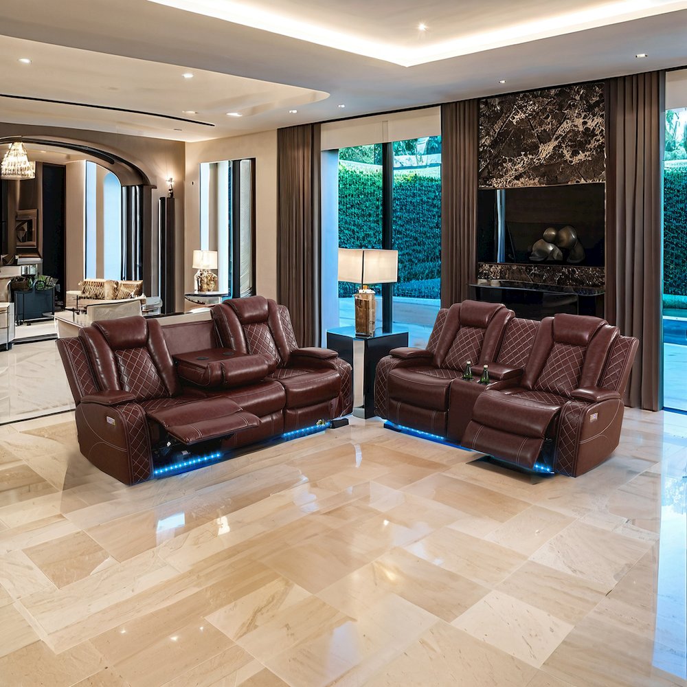 2 Pieces Faux Leather Power Recliner Sofa With Led, Cup Holder And Storage. Picture 1