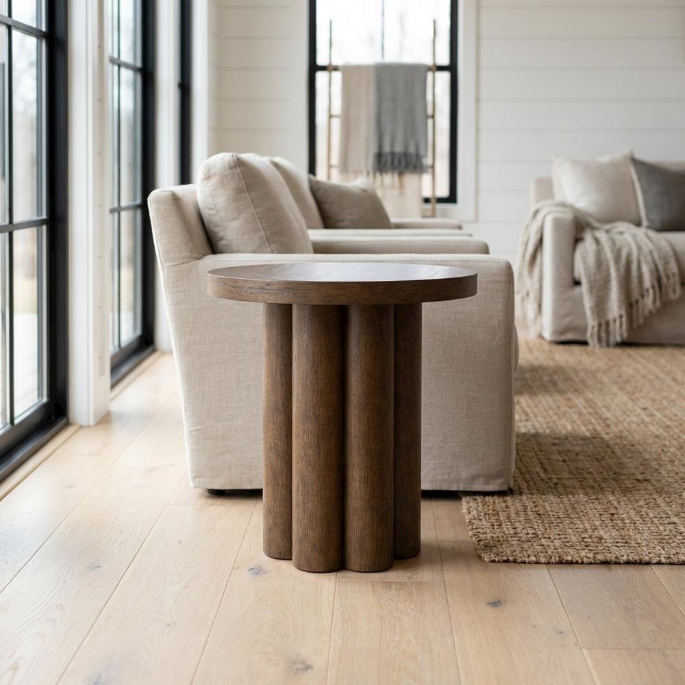 Brown Round End Table with Pedestal Base for Living Room Corners. Picture 2