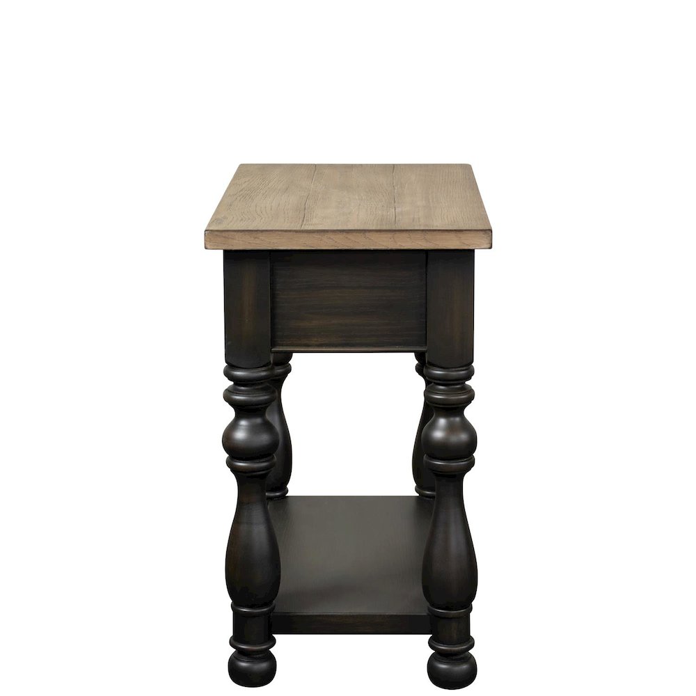 Brown Chairside Table, Poplar Ash Veneer, V-Grooves, Drawer, Fixed Shelf. Picture 5