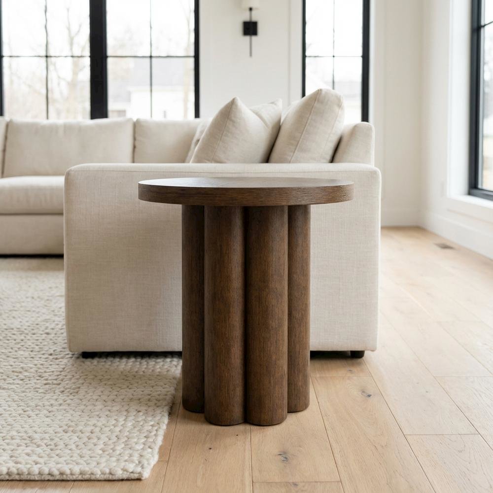 Brown Round End Table with Pedestal Base for Living Room Corners. Picture 3
