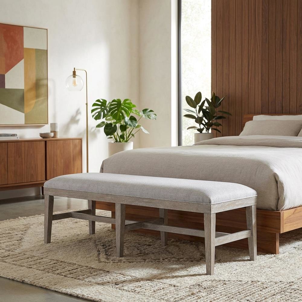 Gray Upholstered Bench – Dining, Bed, or Bedroom Bench with Wood Frame. Picture 2